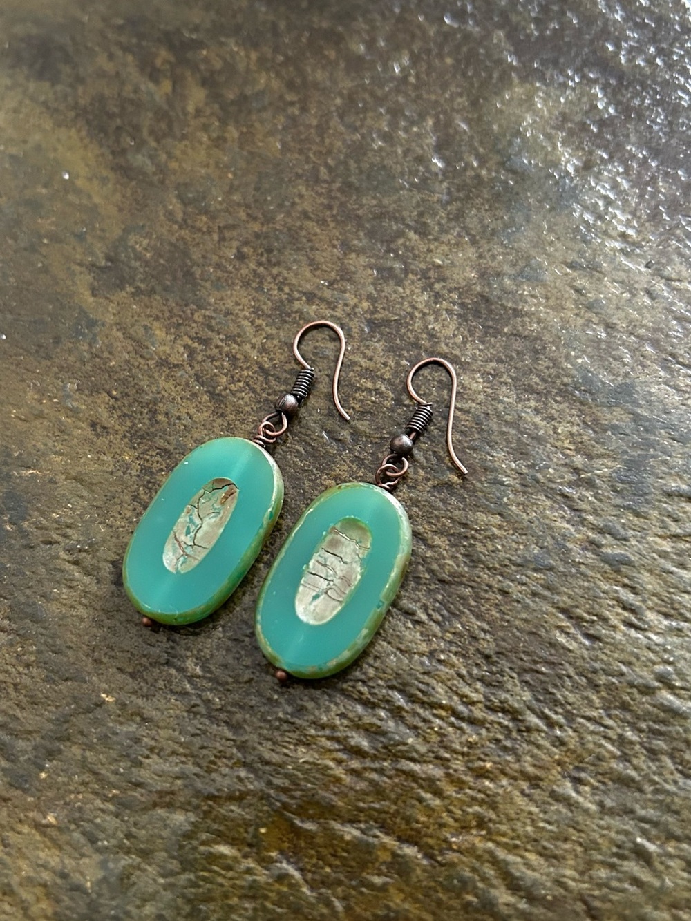 Vintage Green Oval Drop Earrings with